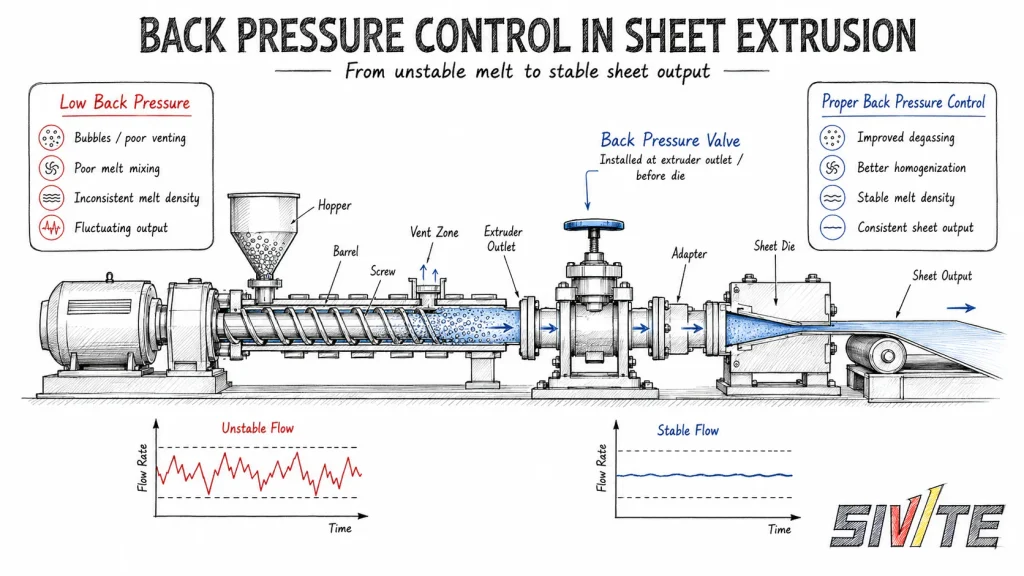 Back pressure control in sheet extrusion from unstable melt to stable sheet output