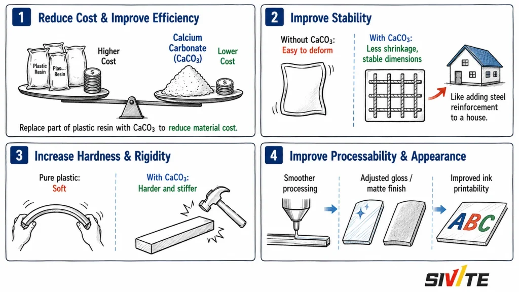 Calcium carbonate benefits in plastic processing: cost reduction, stability, rigidity and surface quality