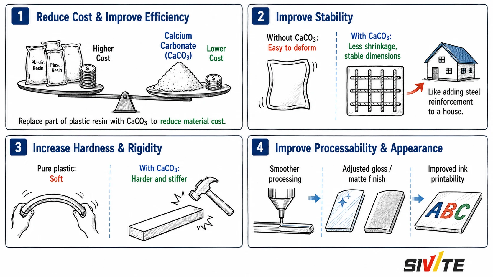 Why Is “Stone Powder” Added to Plastics? A Practical Guide to Calcium Carbonate in Plastic Processing Four benefits of adding calcium carbonate to plastics including lower cost improved stability rigidity and processability