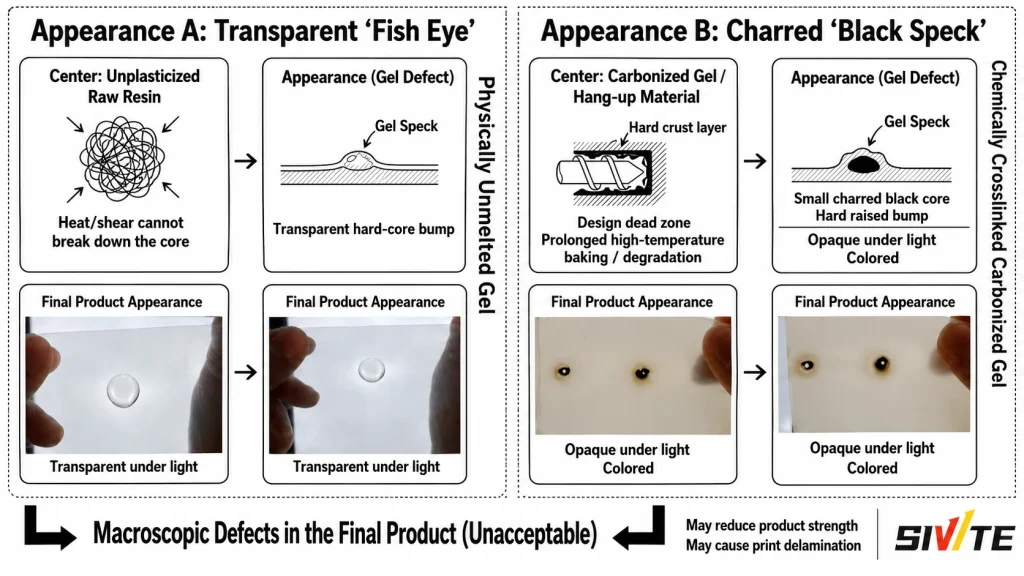 gel defect appearance fish eye black speck