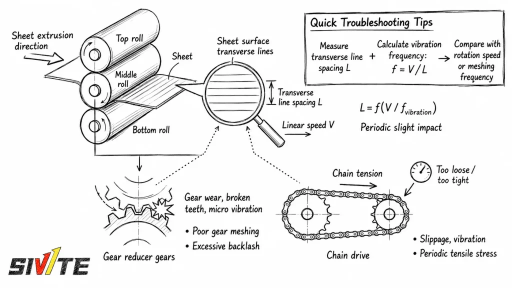 Mechanical vibration causing periodic transverse stripes in plastic sheet extrusion